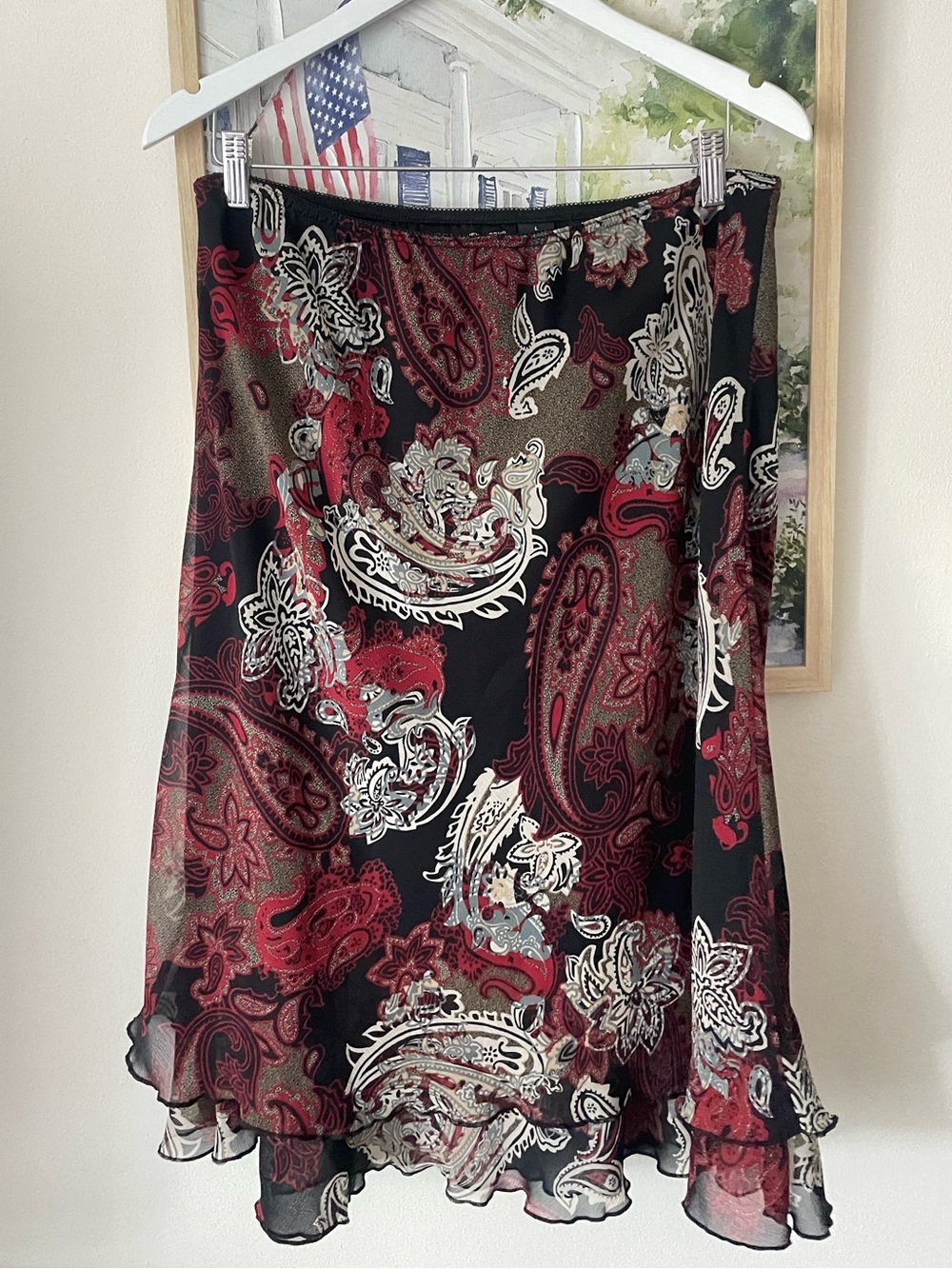 Briggs New York 90s Y2K Vintage Paisley Mesh Tiered Ruffle Midi Skirt Whimsigoth